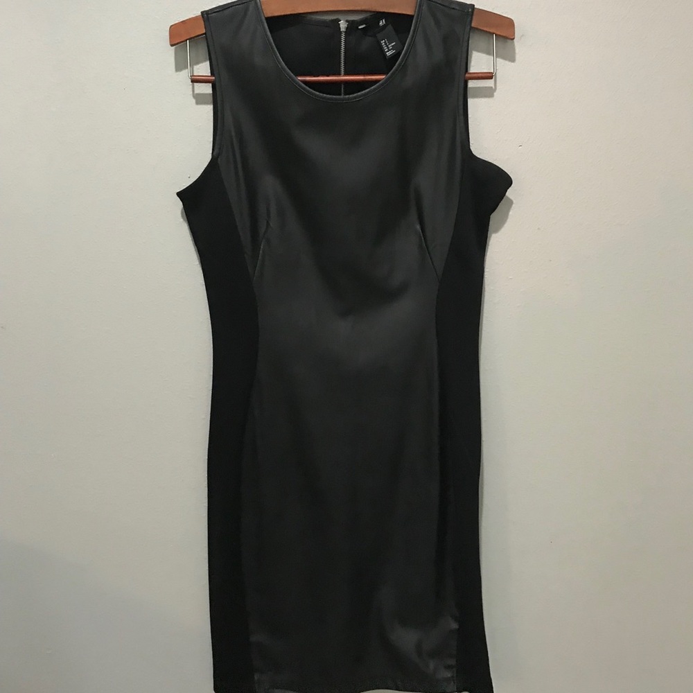 Black bodycon leather and mesh sleeveless dress